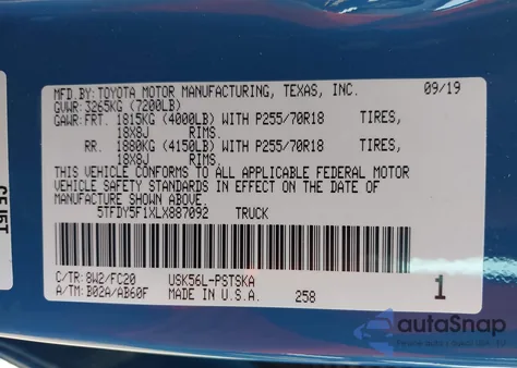 2020 Toyota Tundra Sr5 from USA, damaged, VIN 5TFDY5F1XLX887092
